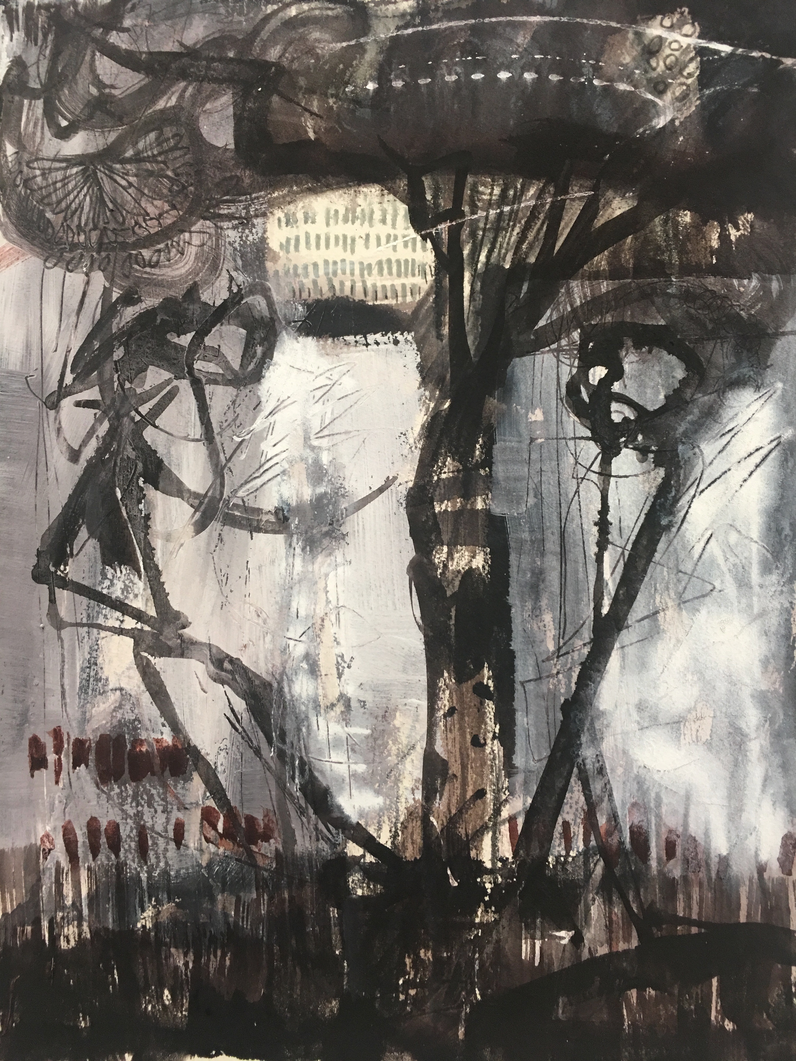 "Under the Walnut Tree" Mixed Media on Paper, 15"x11" $395